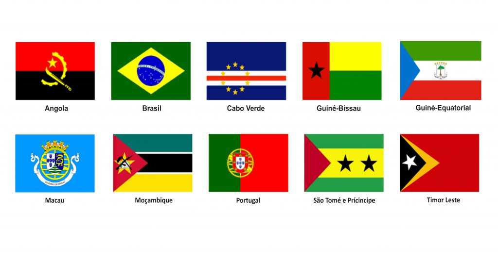 Bandeiras de todos os países que tem o português como idioma principal.