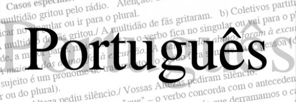 Palavra Português escrita em negrito com textos escritos em marca d'água