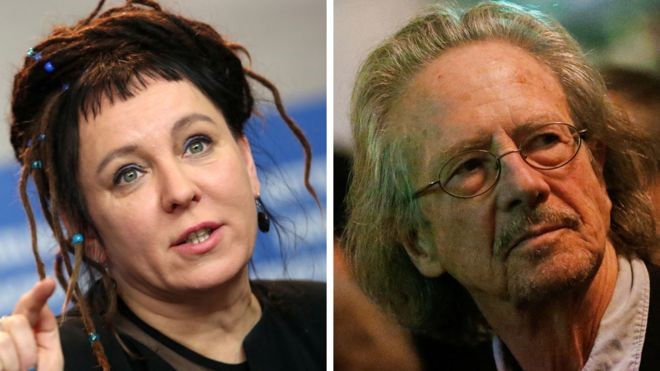 Foto de Olga Tokarczuk e Peter Handke - ganhadores do Prêmio Nobel de Literatura de 2018 e 2019