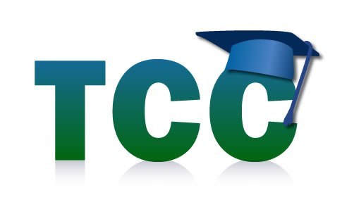 Palavra TCC com um chapéu de formando com cores de degradê do azul para o verde.